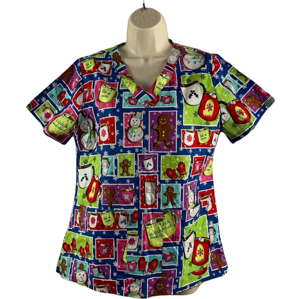 Med Couture Women's Scrub Top Size Medium Multicolor Snowman Prints Cotton